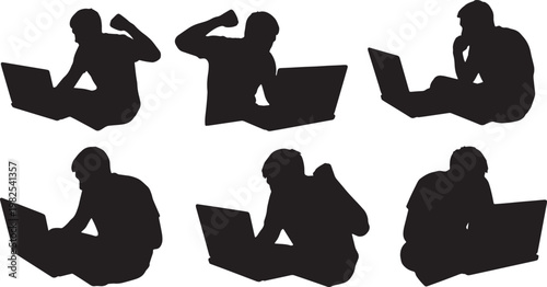 Black Solid Intense Laptop Gamer Silhouettes Set of Six on White Background