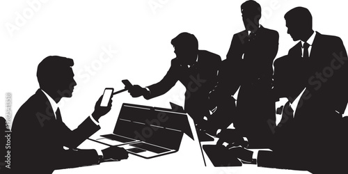 Black Solid Financial Analyst Laptop Smartphone Silhouettes Set of Six on White Background