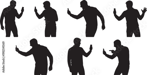 Black Solid Angry Smartphone Pointing Silhouettes Set of Six on White Background