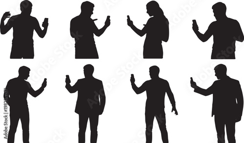Black Solid Angry Smartphone Pointing Silhouettes Set of Six on White Background