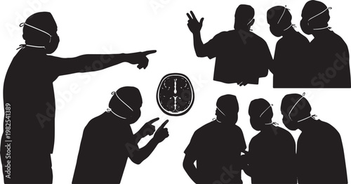 Black Solid AR 3D Scan Brain Surgeon Collaboration Silhouettes Set of Six on White Background