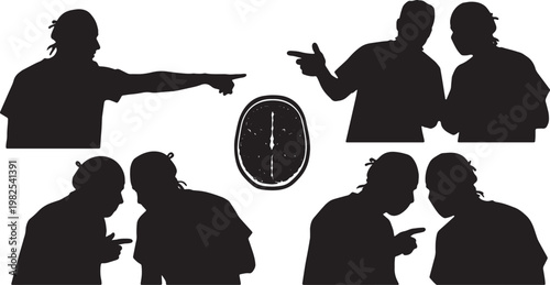 Black Solid AR 3D Scan Brain Surgeon Collaboration Silhouettes Set of Six on White Background