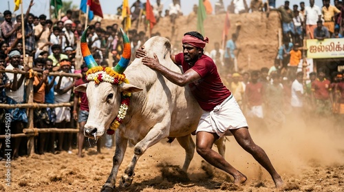 Traditional bull taming sport with decorated bull and active participant in rural festival