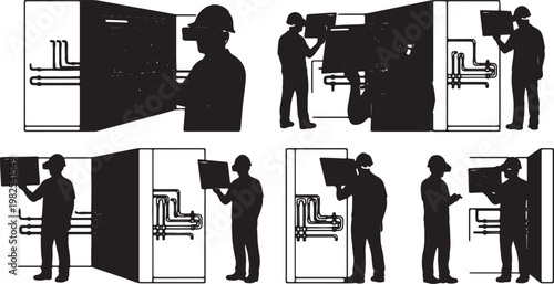 Black Solid AR Hardhat Plumbing Inspection Silhouettes Set of Six on White Background