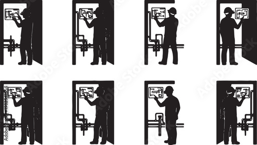 Black Solid AR Hardhat Plumbing Inspection Silhouettes Set of Six on White Background