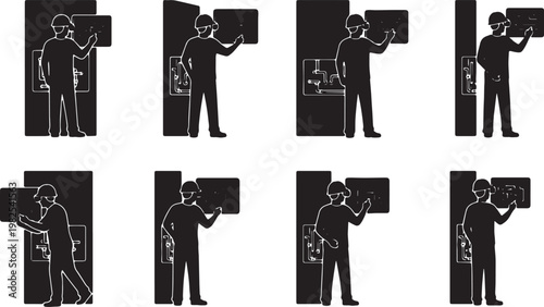 Black Solid AR Hardhat Plumbing Inspection Silhouettes Set of Six on White Background