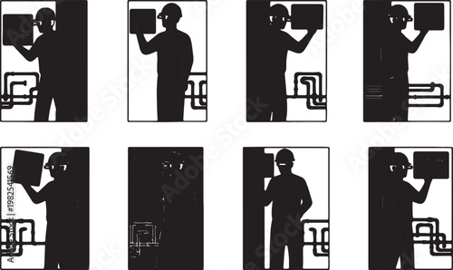 Black Solid AR Hardhat Plumbing Inspection Silhouettes Set of Six on White Background