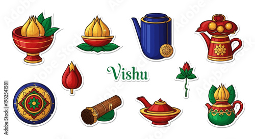 A vibrant, flat lay illustration showcasing traditional Kerala culture for the Vishu festival, featuring Vishu Kani concept elements like a gleaming brass pot and ripe fruits set