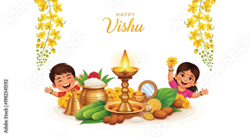 Illustrations for a happy Vishu celebration featuring a traditional Kerala cultural festival with a Vishu Kani concept, golden shower flowers, and joyful children against a clean white