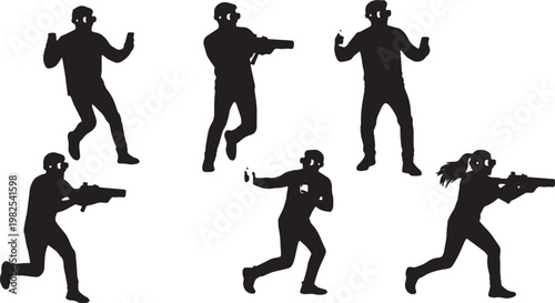 Black Solid AR Laser Tag Park Gaming Silhouettes Set of Six on White Background