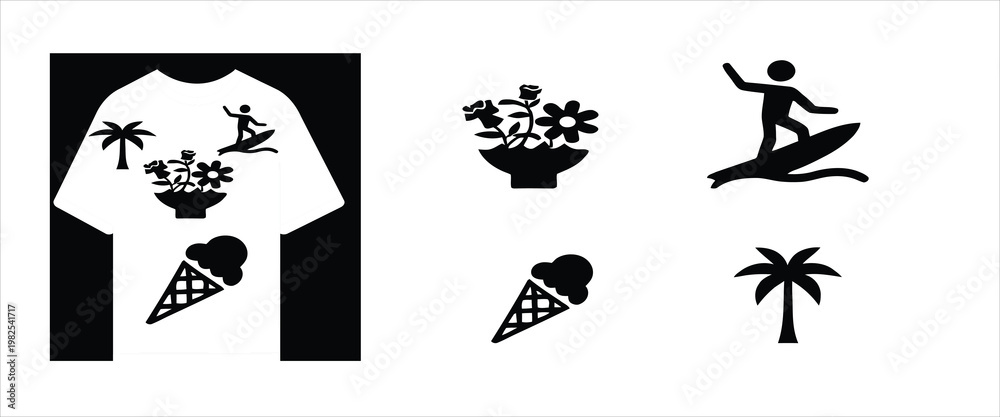 Fototapeta premium Versatile set of summer vacation vector icons including a surfer, palm tree, flowers, and ice cream, displayed on a t-shirt, perfect for custom apparel and holiday designs