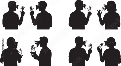 Black Solid AR Sign Language Translation Silhouettes Set of Six on White Background