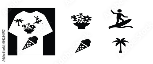 Versatile set of summer vacation vector icons including a surfer, palm tree, flowers, and ice cream, displayed on a t-shirt, perfect for custom apparel and holiday designs
