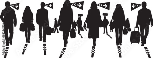 Black Solid AR Smart Glasses Airport Navigation Silhouettes Set of Six on White Background