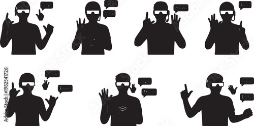Black Solid AR Sign Language Translation Silhouettes Set of Six on White Background