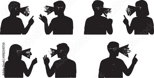 Black Solid AR Sign Language Translation Silhouettes Set of Six on White Background