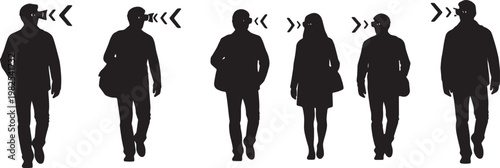 Black Solid AR Smart Glasses Airport Navigation Silhouettes Set of Six on White Background