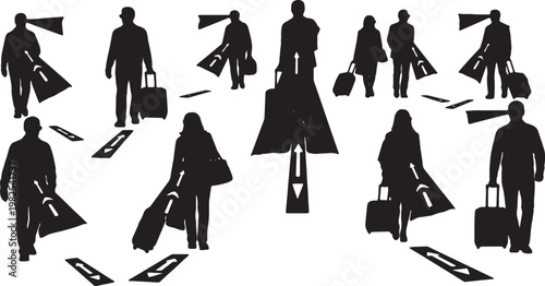 Black Solid AR Smart Glasses Airport Navigation Silhouettes Set of Six on White Background