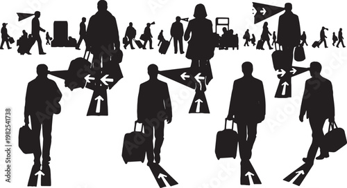 Black Solid AR Smart Glasses Airport Navigation Silhouettes Set of Six on White Background