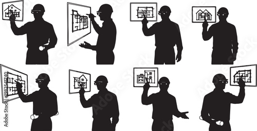 Black Solid AR Smart Glasses Architect Drawing Silhouettes Set of Six on White Background