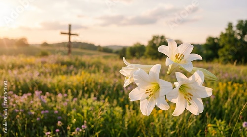 White lilies blooming in a sunlit wildflower meadow with a wooden cross in the distance