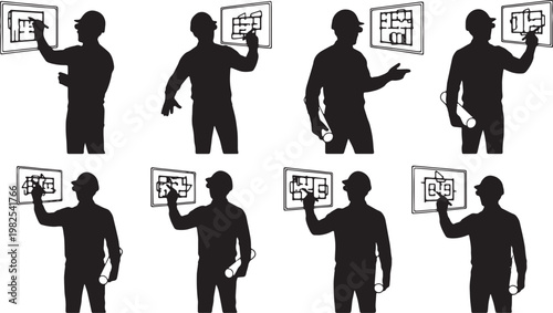 Black Solid AR Smart Glasses Architect Drawing Silhouettes Set of Six on White Background