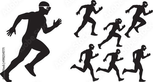 Black Solid AR Smart Glasses Athlete Running Silhouettes Set of Six on White Background
