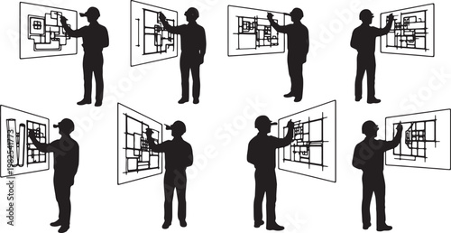 Black Solid AR Smart Glasses Architect Drawing Silhouettes Set of Six on White Background