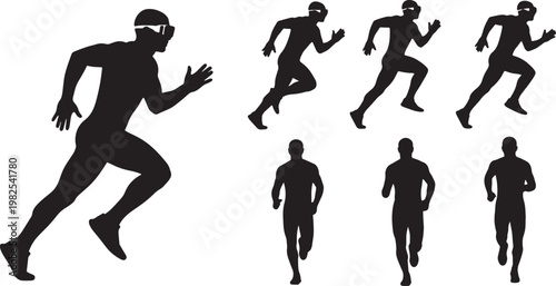 Black Solid AR Smart Glasses Athlete Running Silhouettes Set of Six on White Background