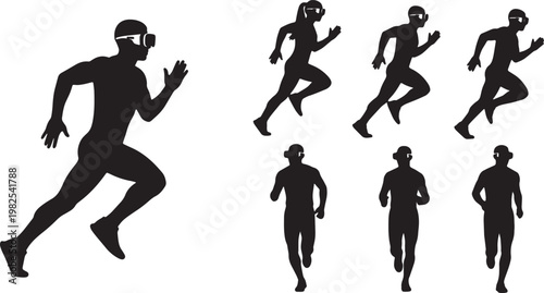 Black Solid AR Smart Glasses Athlete Running Silhouettes Set of Six on White Background