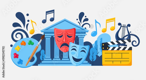 Harmonious composition featuring theater masks palette and music