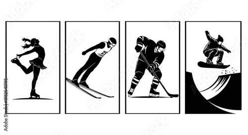 Four athletes engaged in various winter sports activities silhouette vector