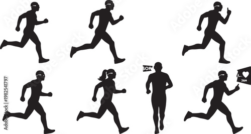 Black Solid AR Smart Glasses Athlete Running Silhouettes Set of Six on White Background