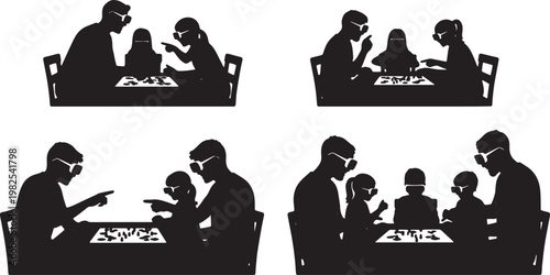 Black Solid AR Smart Glasses Family Boardgame Silhouettes Set of Six on White Background