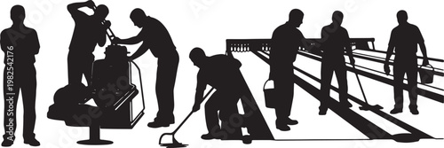 Black Solid Indoor Bowling Alley Mechanic Silhouettes Set of Six on White Background