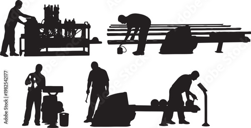 Black Solid Indoor Bowling Alley Mechanic Silhouettes Set of Six on White Background