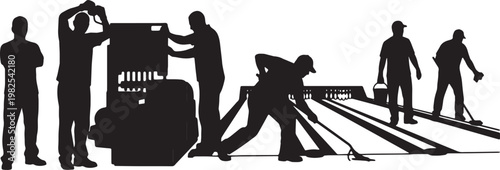Black Solid Indoor Bowling Alley Mechanic Silhouettes Set of Six on White Background