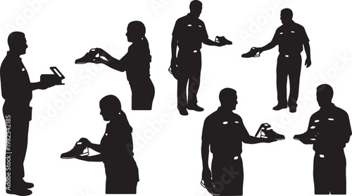 Black Solid Indoor Bowling Shoe Attendant Silhouettes Set of Six on White Background
