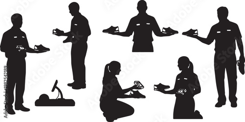Black Solid Indoor Bowling Shoe Attendant Silhouettes Set of Six on White Background