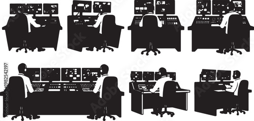 Black Solid Indoor Broadcast Control Operator Silhouettes Set of Six on White Background