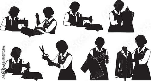 Black Solid Indoor Clothing Seamstress Silhouettes Set of Six on White Background