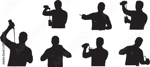 Black Solid Indoor Cocktail Bartender Silhouettes Set of Six on White Background