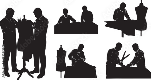 Black Solid Indoor Clothing Tailor Silhouettes Set of Six on White Background
