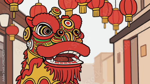 Chinese New Year Lion Dance Illustration with Lanterns