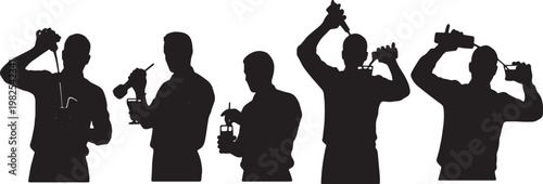 Black Solid Indoor Cocktail Bartender Silhouettes Set of Six on White Background
