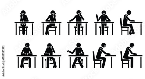 Stick figure icons showing various sitting positions at a desk for office work and student education