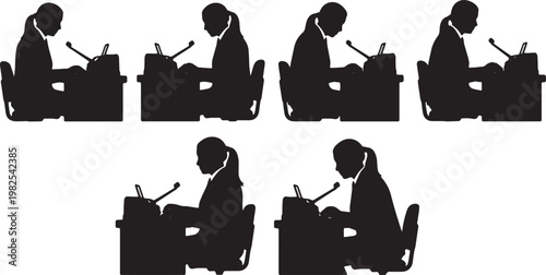 Black Solid Indoor Court Stenographer Silhouettes Set of Six on White Background