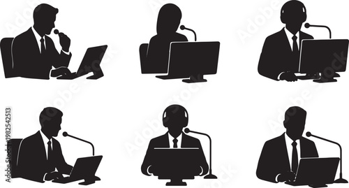 Black Solid Indoor Escape Room Gamemaster Silhouettes Set of Six on White Background