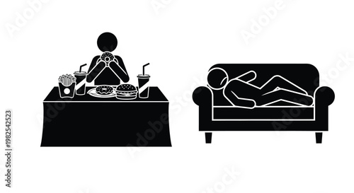 Stick figure pictogram depicting an unhealthy sedentary lifestyle involving fast food consumption and sofa lounging.