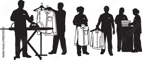 Black Solid Indoor Dry Cleaning Staff Silhouettes Set of Six on White Background